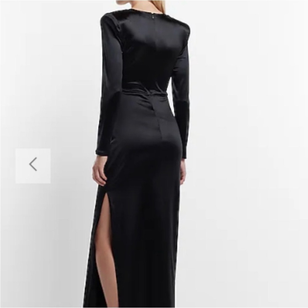 Elegant Black Twist-Front Long Sleeve Satin Dress - Picture 3 of 7